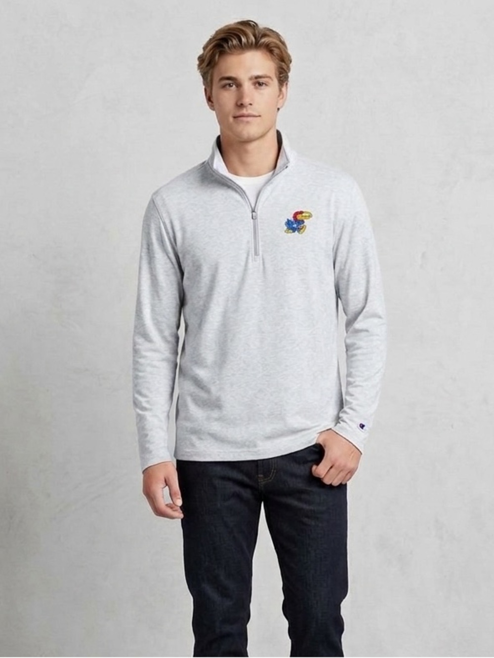 KU Jayhawks Champion Light Gray Quarter-Zip with Colorful Logo, Size Large